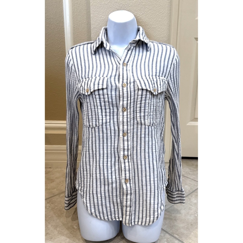Mother The Cadet Blue Striped Button Up Gauze Tunic Top Sz XS Nautical‎ Preppy